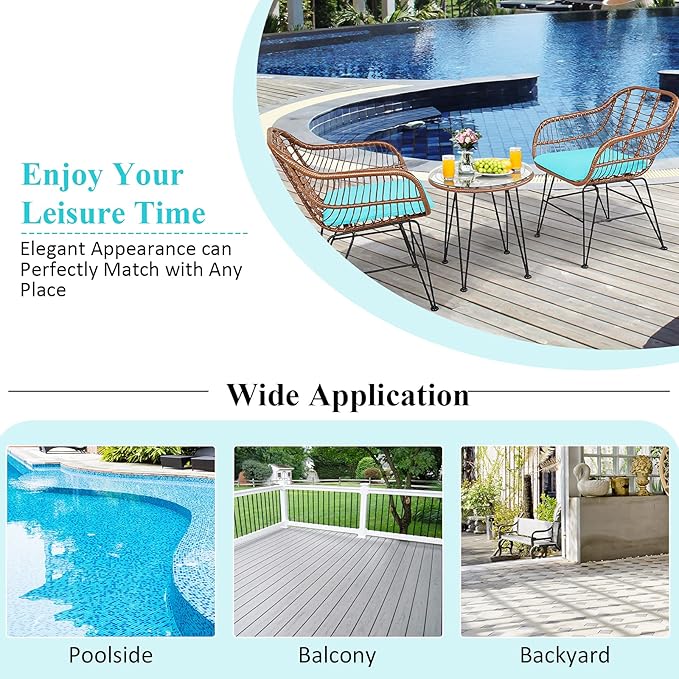COSTWAY 3 Pieces Patio Bistro Set, Outdoor Rattan Conversation Seating Chair Set with Coffee Table & Soft Cushions, Indoor Wicker Furniture Set for Garden, Balcony, Porch, Pool, Turquoise