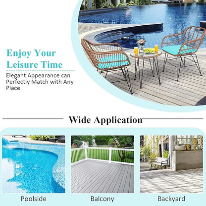 COSTWAY 3 Pieces Patio Bistro Set, Outdoor Rattan Conversation Seating Chair Set with Coffee Table & Soft Cushions, Indoor Wicker Furniture Set for Garden, Balcony, Porch, Pool, Turquoise