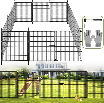 Garden Dog Fence Animal Barrier Outdoor for Yard 10 Panels with Gate 24.2 ft(L) X 40 in(H), Garden Fencing Includes Gloves, Hammer&Zip Ties, Rustproof Metal Temporary No Dig Fence Border for Dogs