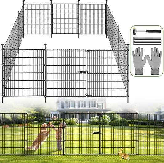 Garden Dog Fence Animal Barrier Outdoor for Yard 10 Panels with Gate 24.2 ft(L) X 40 in(H), Garden Fencing Includes Gloves, Hammer&Zip Ties, Rustproof Metal Temporary No Dig Fence Border for Dogs