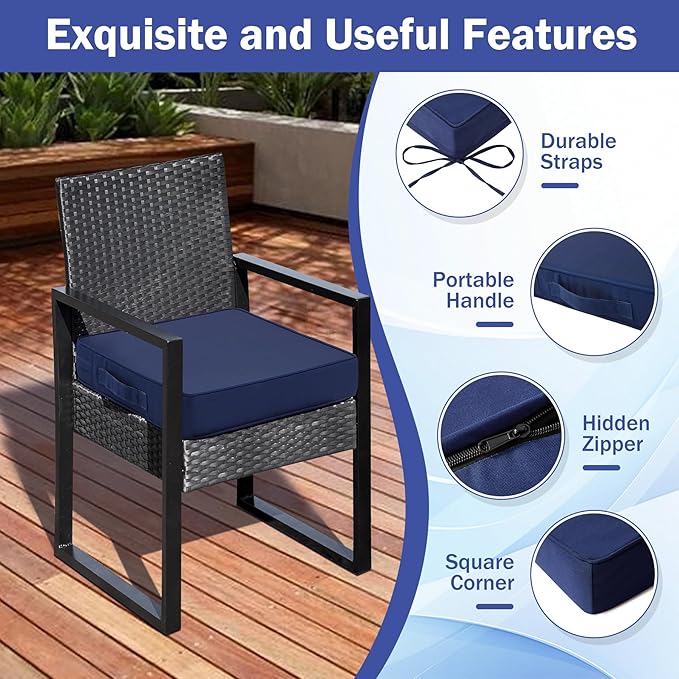 IASEAHK Patio Chair Cushions, 18.5" x 16" x 3" Outdoor Chair Cushions Set of 4, Waterproof Outdoor Cushions for Patio Furniture, Outdoors Seat Cushions Set of 4 with Handle and Ties, Navy Blue