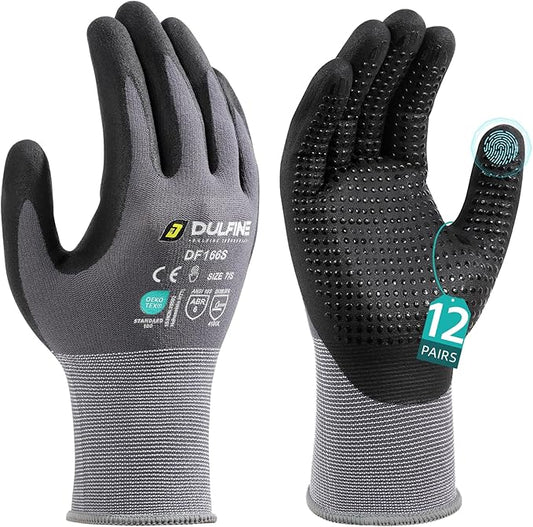 DULFINE Work Gloves for Men and Women,Grey Nylon with MicroFoam Nitrile Coated-12 Pairs Pack, Dots on Palm for Anti-slip and Extra Abrasion Resistant(XX-Large)