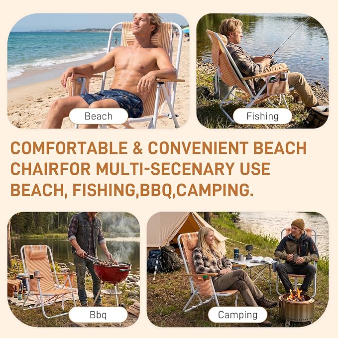 Outvita Folding Beach Chair, 4 Position Adjustable Reclining Lounge Chair with Padded Headrest, Large Rear & Side Storage Pockets, Lightweight Portable Outdoor Chair for Beach Pool Garden BBQ
