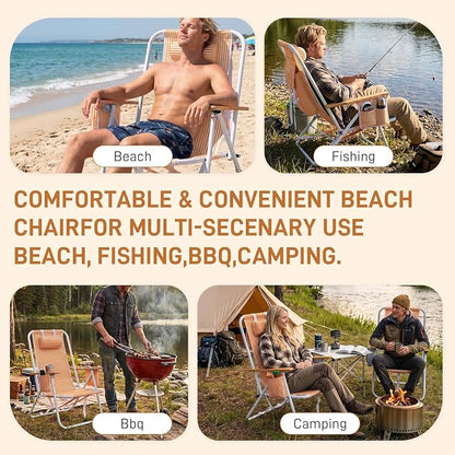 Outvita Folding Beach Chair, 4 Position Adjustable Reclining Lounge Chair with Padded Headrest, Large Rear & Side Storage Pockets, Lightweight Portable Outdoor Chair for Beach Pool Garden BBQ