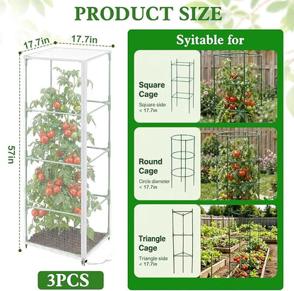 3 Pcs Tomato Netting for Garden Protection, 57" X 17.7" X 17.7" Square Tomato Cage Insect Barrier Plant Netting Mesh Cover with Zipper & Drawstring, for Vertical Climbing Plants Vegetables Fruits