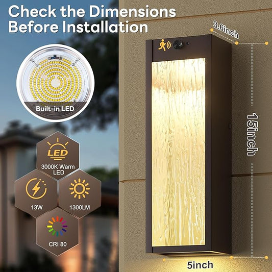 Motion Sensor LED Outdoor Wall Light Fixtures 2 Pack, 15in Exterior Bronze Waterproof Outdoor Lighting, Large Modern Water Ripple Porch Sconces Wall Mounted Outside Lantern for Garage Front Door