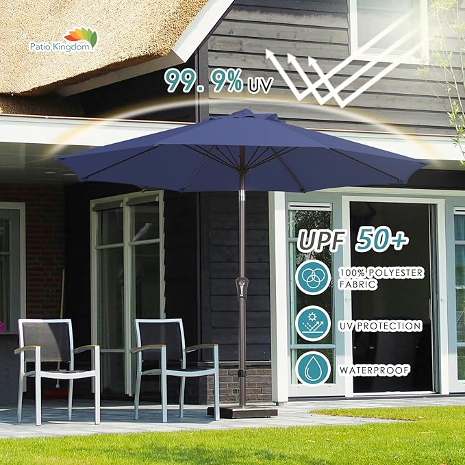 PatioKingdom 9FT Patio Outdoor Umbrella-UPF 50+ Sun Shade with Wind Vent, Push-Button Tilt & Smooth Crank Lift, Rust-Resistant Fiberglass Frame for Garden, Backyard,Yard (Navy, 9FT)