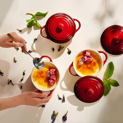 Kook Ceramic Mini Cocotte Set, Small Casserole Dishes with Lids and Handles, Individual Baking Ramekins, Oven safe 350F, Microwave & Dishwasher Safe, Stoneware, 12 oz, Set of 4, (Crimson Ombre)