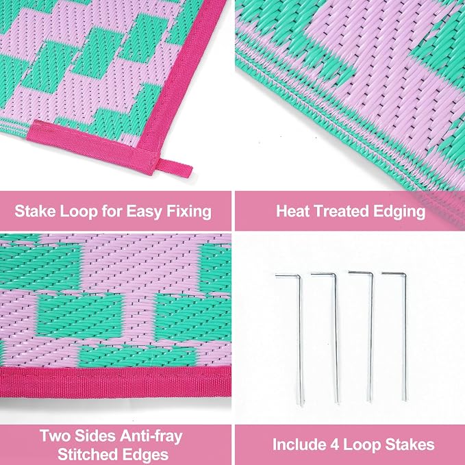 Anidaroel Ombre Outdoor Area Rugs 8x10 Waterproof, Reversible Plastic Straw Outside Rug for Patios Clearance, Large Outdoor Area Rug for RV Camping, Picnic, Camper, Backyard(Green&Pink,8‘x10')