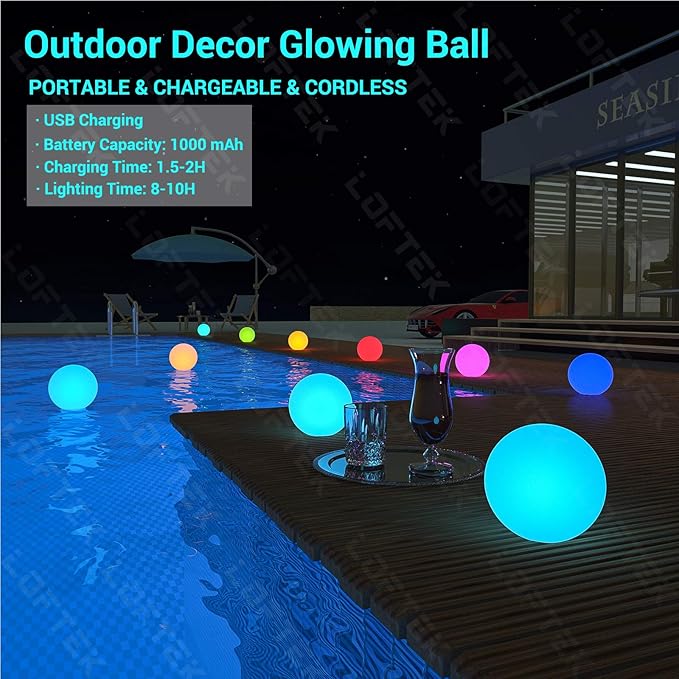 LOFTEK LED Pool Lights That Float 6+8+12inch Globe Lamp Rechargebale 16 RGB Orb Light