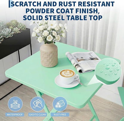 Outdoor Square Bistro Set 3 Piece, Green Iron Tube Patio Furniture Set with Square Table & 2 Chairs, Foldable Steel Backyard Deck Porch Garden , Space Saving Outdoor Dining Set for Small Spaces