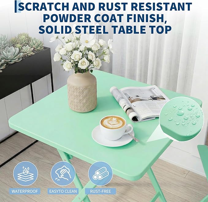 GarveeTech 3-Piece Folding Bistro Set, Heavy Duty Outdoor Patio Furniture with 2 Chairs & 1 Table, Weather-Resistant Steel Frame, No Assembly Required for Garden, Yard, Balcony,Green