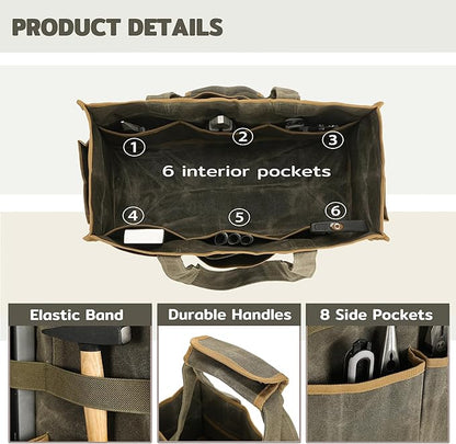 Canvas Large Tool Bag - A Large Main Pocket and 14 Insert Pockets - Durable 16oz Waxed Canvas Tool Case with Handle - 16.5 X 7 X 12 inch | ArmyGreen