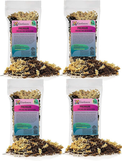 Gardenera Premium Orchid Mix by GARDENERA - 20 Quart - Fern + New Zealand Pine Bark + Sphagnum Moss + Perlite | Best for Growing and Repotting Orchids (4 Bags of 5 QT)