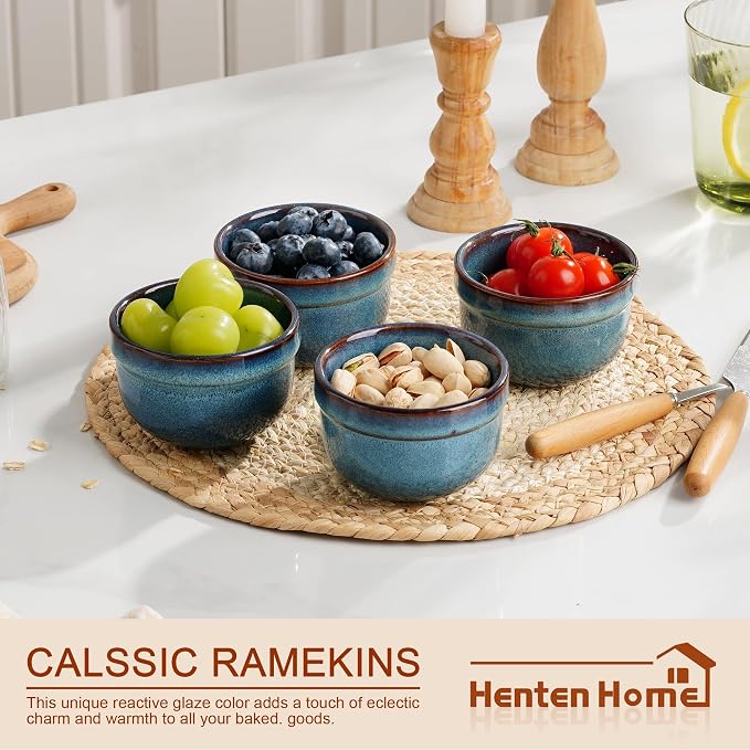 Henten Home 6 oz Ramekins Set Oven Safe, Ceramic Creme Brulee Ramekins Set of 4, Baking Cups for Pudding, Souffle, Ice Cream, Snack, Dipping (Blue)