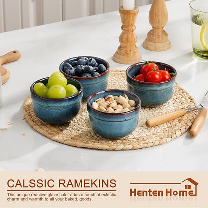 Henten Home 6 oz Ramekins Set Oven Safe, Ceramic Creme Brulee Ramekins Set of 4, Baking Cups for Pudding, Souffle, Ice Cream, Snack, Dipping (Blue)