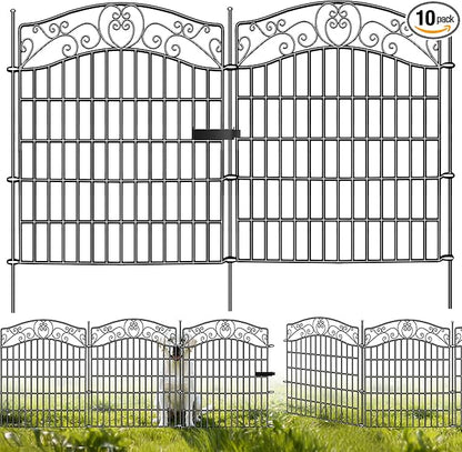 10 Panels No Dig Decorative Outdoor Garden Fence with Gate, 40 in(H) X 23.6 ft(L) Animal Barrier Fencing, Rustproof Portable Fence, Temporary Dog Fence Outdoor for Yard, Outside, Backyard