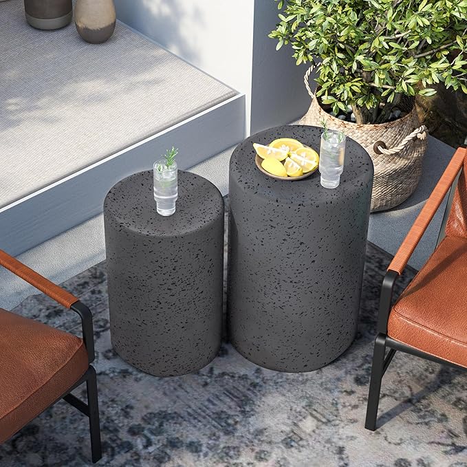 SUNBURY Concrete Side Table Set of 2, Outdoor Side Table Nesting for Patio, Outdoor Accent End Patio in Spotted, Ceramic Garden Stool for Yard, Pool, Round, Dark Grey