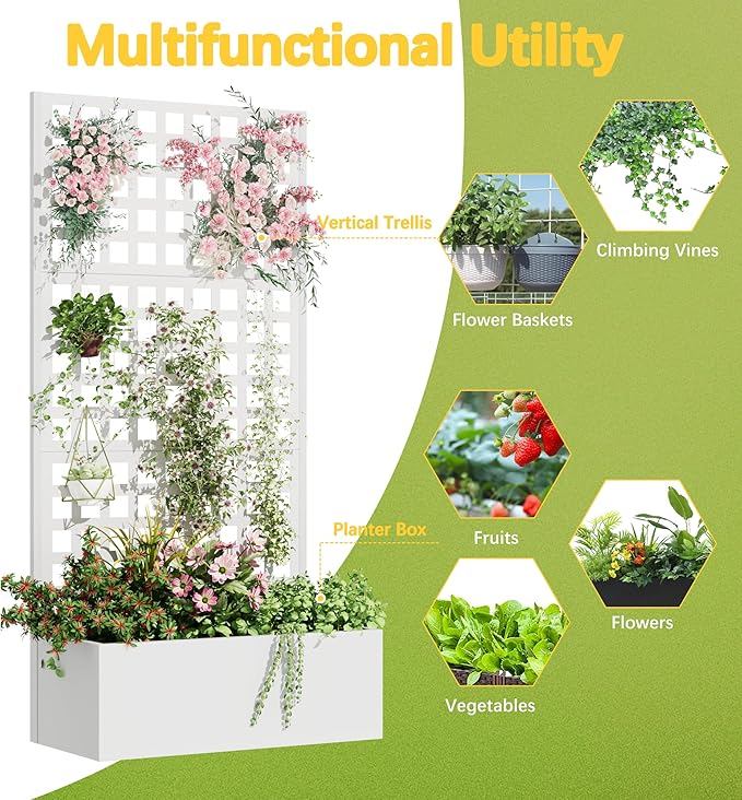 Metal Planter Box with Trellis, 71"x 35"x 16" Raised Garden Bed with Trellis, Planter Box Trellis with Privacy Screen and Drainage Holes, White