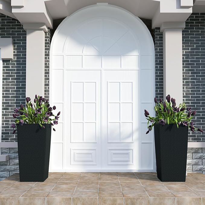 30in Tall Planter, Self Watering Pots for Indoor/Outdoor Plants with Drain Holes, Water Level Monitor, Inner Bucket for Front Porch Patio, Black Large(1 Set)