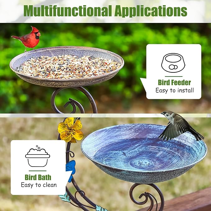 Bird Bath for Deck Railing, 2 in 1 Deck Mounted Balcony Bird Feeder and Bath for Outside with Heavy Duty Clamp, Outdoor Metal Birdbaths for Garden Yard Decor