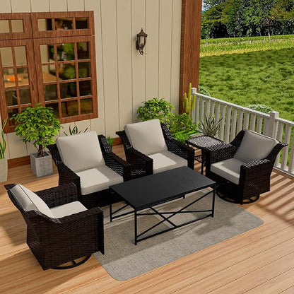 Vista Vibe 6 Pieces Outdoor Rattan Patio Conversation Furniture Set - 360 Degree Swivel Glider Rocker Chairs | Coffee Table | 2 Wicker Chairs, Washable Cushions, Terrace, Sunroom (Brown/Beige)