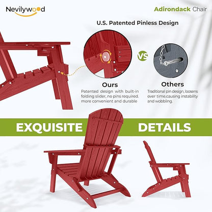 nevilywood Folding Adirondack Chair with Cup Holder,HDPE All-Weather Patio Chairs,Plastic Outdoor Chairs- Looks Exactly Like Real Wood-Red