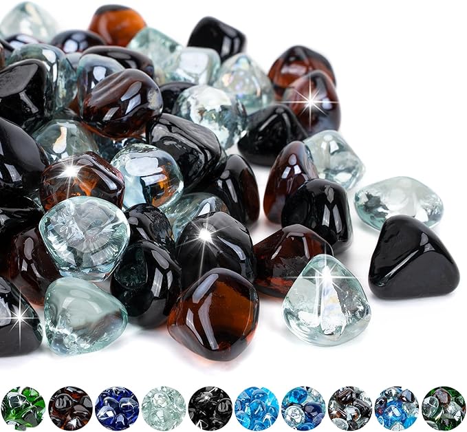 Mr. Fireglass 10 Pounds Blended Diamond Fire Glass, 1 inch High Luster Reflective Glass Rocks for Propane Fire Pit, Firepit Glass Mix for Patio & Landscape, Onyx Black, Crystal Ice, Amber