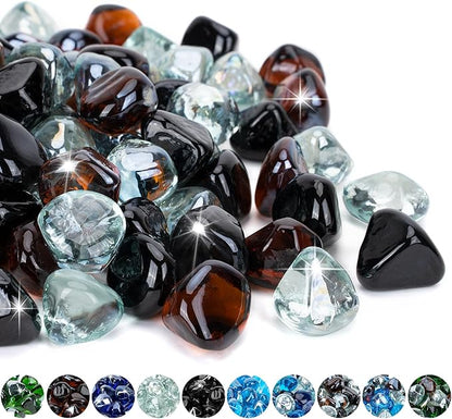 Mr. Fireglass 10 Pounds Blended Diamond Fire Glass, 1 inch High Luster Reflective Glass Rocks for Propane Fire Pit, Firepit Glass Mix for Patio & Landscape, Onyx Black, Crystal Ice, Amber