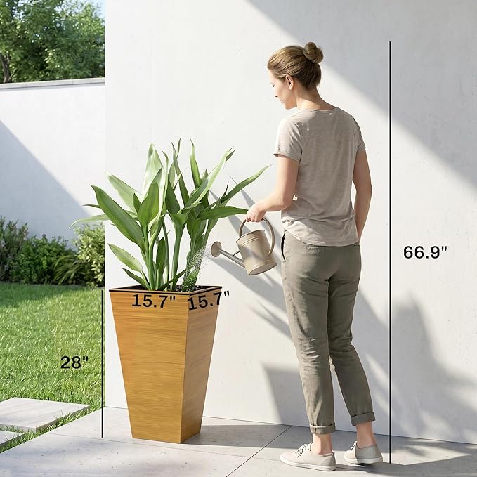 Outsunny Tall Planter for Outdoor Plants Set of 3, 28 Inch Taper Planter with Drainage Holes, Wood Grain Decor Garden Pot for Indoor Outdoor Porch Patio Backyard, Light Brown