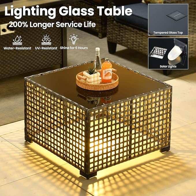 ovios 5 Pieces Patio Furniture Set, Outdoor Wicker Sofa Couch with Rocking Swivel Chairs Solar Lights Table, Modern Deep Seat Rattan Conversation Sets for Porch Deck, Denim Blue