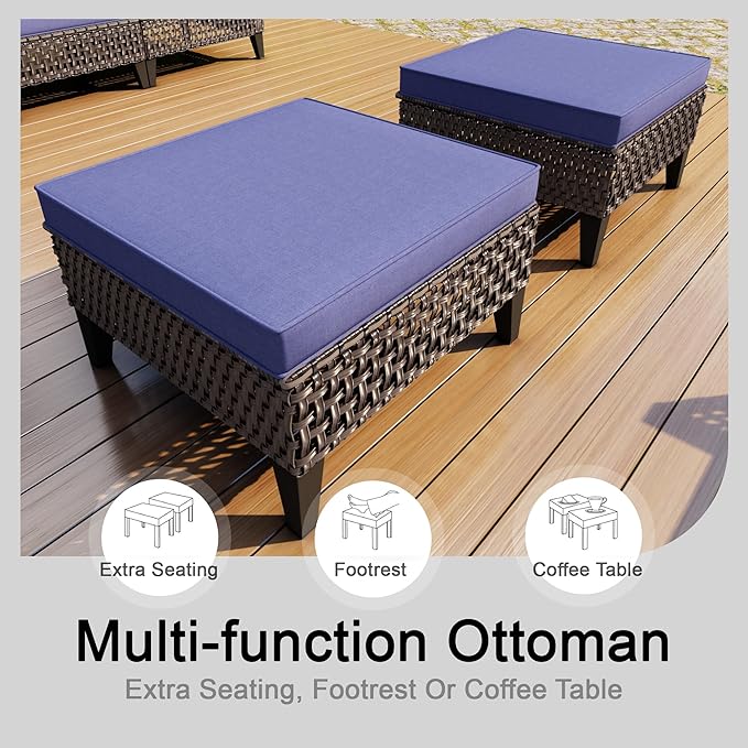 8 Pieces Outdoor Patio Furniture Set, Wicker Rattan Conversation Set with Fire Pit Table and Foot Rest, Sectional Modular Sofa Couches Chairs Ottomans for Deck, Balcony, Backyard, Yard (Blue Cushions)