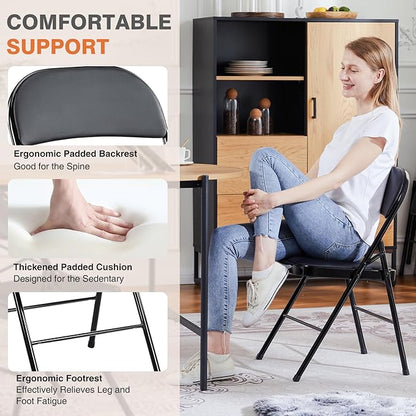 Sweetcrispy Folding Chair 8 Pack, Leather Padded Folding Chairs, Sturdy Metal Foldable Chairs, Easy to Use and Store, Outdoor and Indoor, for Home, Office, Party, Comfy, Black