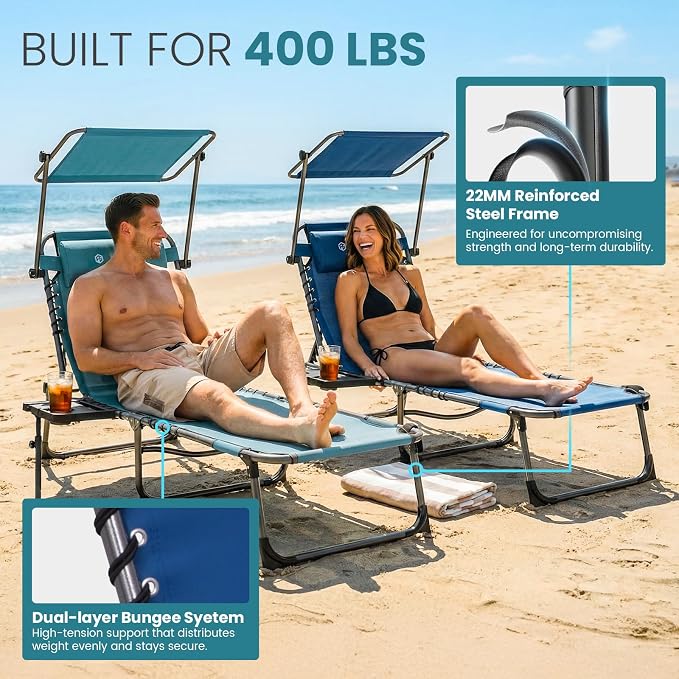 FUNDANGO 400lbs Heavy Duty Tanning Chair, Set of 2, Blue | Face Hole & Canopy & Side Table, 5 Positions, Facedown Chaise Lounge with Pillow, 400lbs