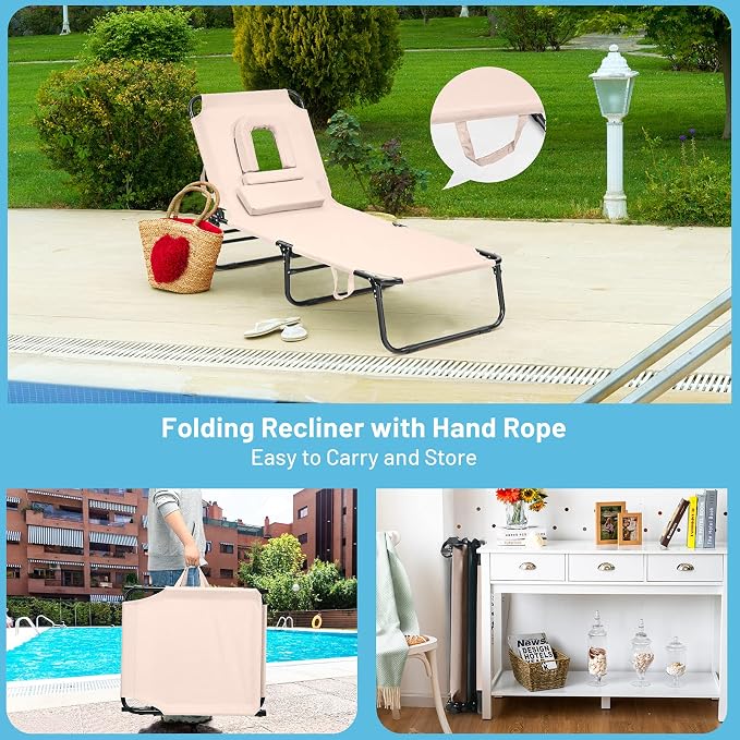Folding Beach Lounge Chair w/ 5 Adjutable Backrest & Padded Pillow, Sunbathing Lounger Chair, Sun Tanning Lay Flat Chair for Seaside Pool Deck, Max Load 330 LBS, No Assembly Required (Beige)