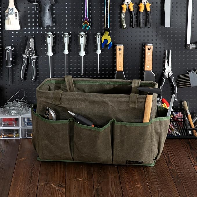 Tool Bag with Metal Frame, Waxed Canvas Wide Open Top Tool Tote Bag with 9 External Pockets, 15.5 x 7.5 x 10.5 Inches (ArmyGreen)