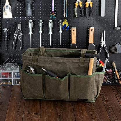 Tool Bag with Metal Frame, Waxed Canvas Wide Open Top Tool Tote Bag with 9 External Pockets, 15.5 x 7.5 x 10.5 Inches (ArmyGreen)
