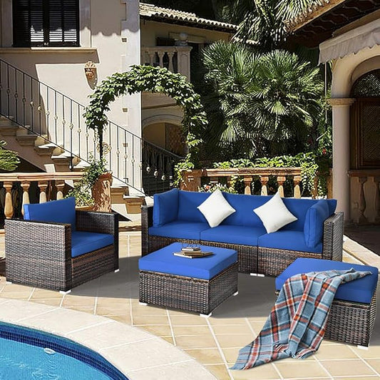 HAPPYGRILL 6-Pieces Patio Conversation Set Outdoor Rattan Wicker Furniture Set, Sectional Sofa Set with Glass Coffee Table Top, Ottoman, Cushions for Backyard Couch Garden Poolside Balcony