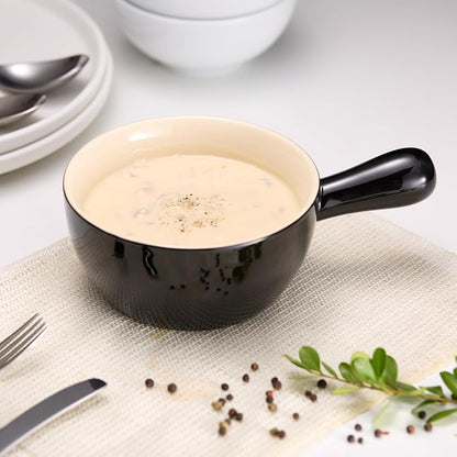 Kook French Onion Soup Crocks, Stackable Ceramic Bowls with Handles, Oven, Microwave and Dishwasher Safe, for Cereal, Soups, Casseroles, with Handle, Stoneware, 24 oz, Set of 4, Black