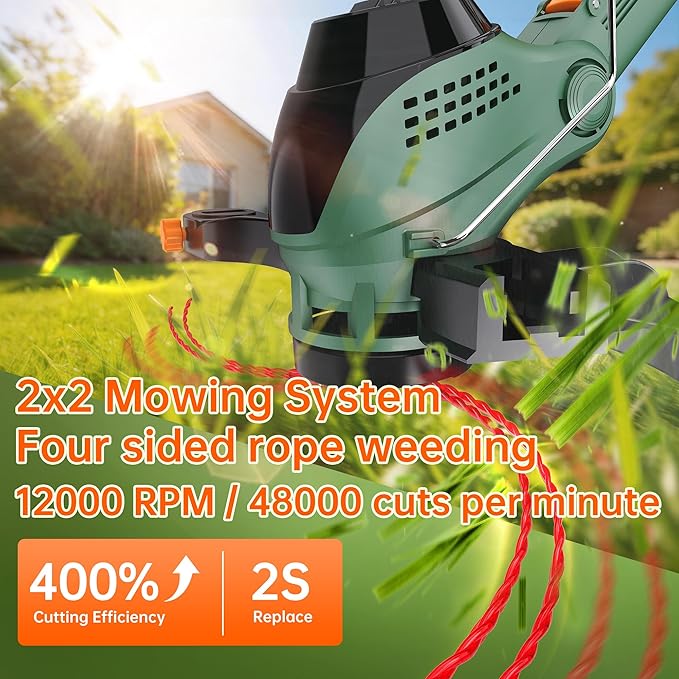 12-Inch String Trimmer Cordless,(2 x 21V 5.0Ah Batteries & Charger), Trimmer/Edger/Brush Cutter 3-in-1, Electric Weed Wacker with 2x2 Mowing Grass System, 3 Cutting Methods(WEG21A)