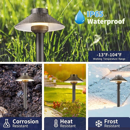Gardenreet Low Voltage Landscape Sidewalk Lighting, Solid Brass Pathlights, LED Driveway Warm Light Waterproof, Hat Shaped 12V Wired Bronze for Walkway Garden with 3W 270LM 3000K G4 Bulb (6 Pack)