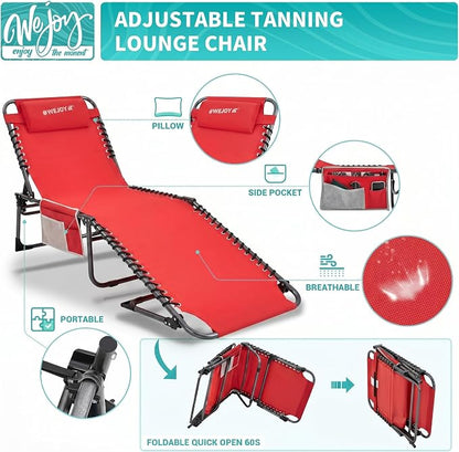 #WEJOY Outdoor Chaise Lounge Chairs, Portable Lounge Chairs for Outside, Adjustable Lightweight Beach Lounge Chair for for Adults, Patio, Pool, Lawn, Camping Tanning Chairs with Pillow, Red