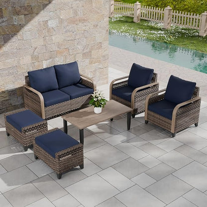COOS BAY Modern Wicker Outdoor Furniture Set, Patio Conversation Set with Patio Chairs, 2 Seat Loveseat, Ottomans, and Coffee Table, 6 Piece, Brown/Blue