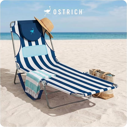 Ostrich the Ladies Comfort Lounger with Chest Support, Foldable & Portable Reclining Outdoor Patio Beach Lawn Camping Pool Tanning Chair, Blue Stripe