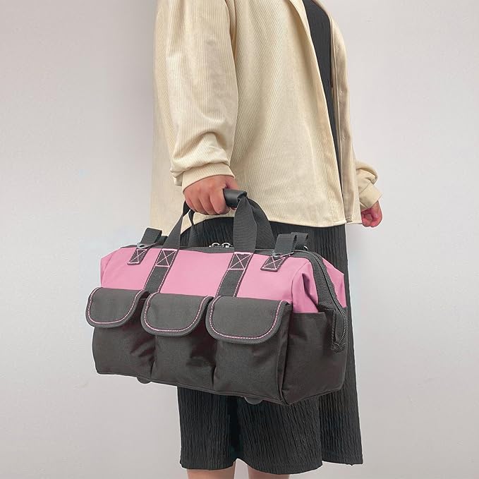Women Heavy Duty Tool Bag Storage Organizer for Tools,16 x 7.5 x 10.5 inches,50 Pound Capacity, 600D Polyester Fabric (Pink)