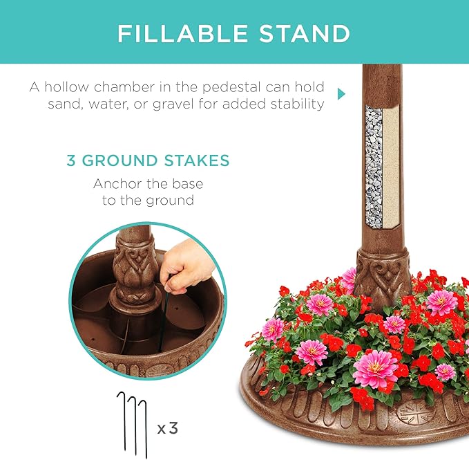 Best Choice Products Solar Outdoor Bird Bath Vintage Resin Pedestal Fountain Decoration for Yard, Garden w/Planter Base, Feeder, Decorative Bird Cage, Fillable Stand - Bronze