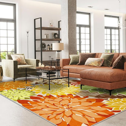 Colorful 9x12 Outdoor Area Rug Washable Multicolored Patio Rug Tropical Botanical Floral Chenille Waterproof Outdoor Carpet Non-Slip for Deck, Backyard, Porch, Orange
