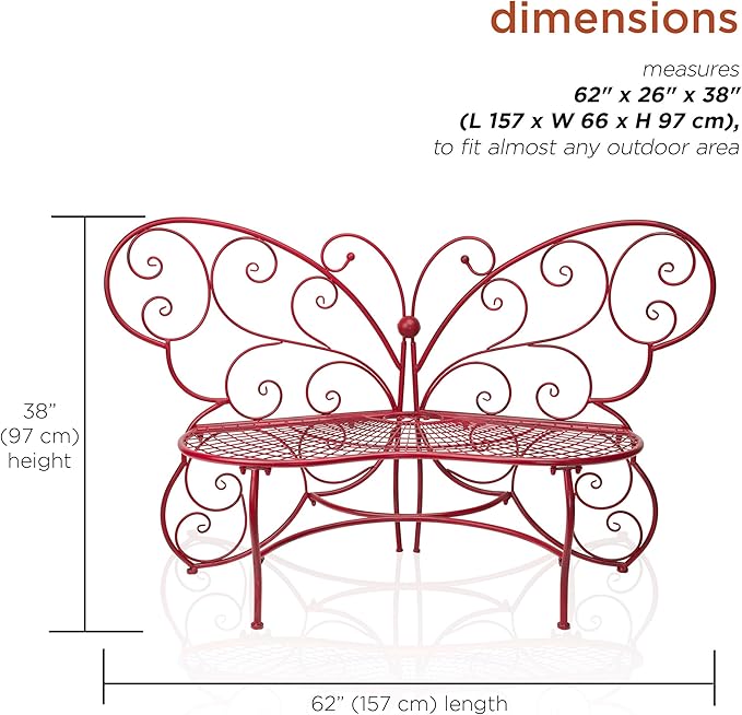 Alpine Corporation 62" x 26" Outdoor 2 Person Metal Butterfly Shaped Garden Bench, Red