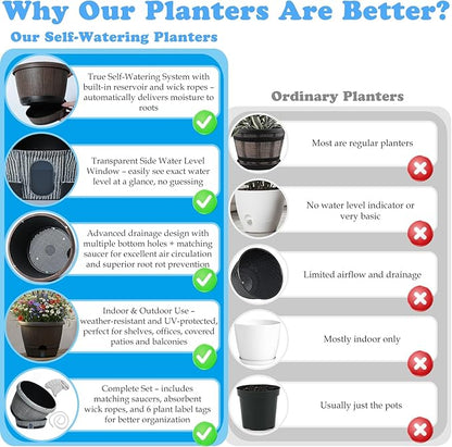 Sun-E 10 inch Plant Pots Self Watering Whiskey Barrel Planters with Drainage Hole&Saucer, Garden Home Indoor Outdoor Plants Pots, Planters for Indoor Plants, Gift Idea for Plant Lovers,Mixed Colors