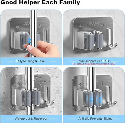 2 Pack Broom Holder Wall Mount, 304 Stainless Steel Mop Organizer with Hooks, No Drill Adhesive and Screw Installation, Rust Proof Storage Rack for Garage, Laundry, Garden, Silver